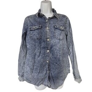 Passport Acid Wash Denim Shirt Women Small Blue Cotton Western 90s Grunge Indie
